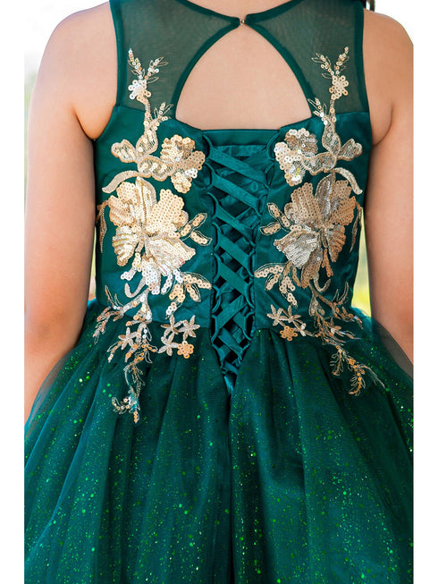 Girls Hunter Green Satin Glitter Tulle Gold Lace Party Dress 2-16 - SophiasStyle.com corset